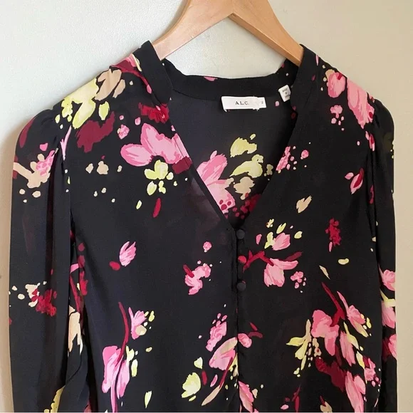 A.L.C. Rivera Silk Black Long Sleeve Floral Blouse Size 2 or Small - Picture 3 of 12